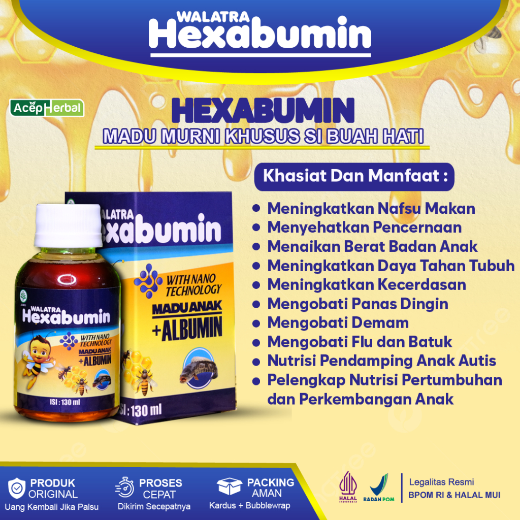 

Madu Anak Penambah Nafsu Makan Vitamin Anak Penambah Berat Badan Meningkatkan Kecerdasan dan Melancarkan Penccernaan Hexabumin Madu Anak + Albumin 100% Original Aman BPOM dan Halal MUI