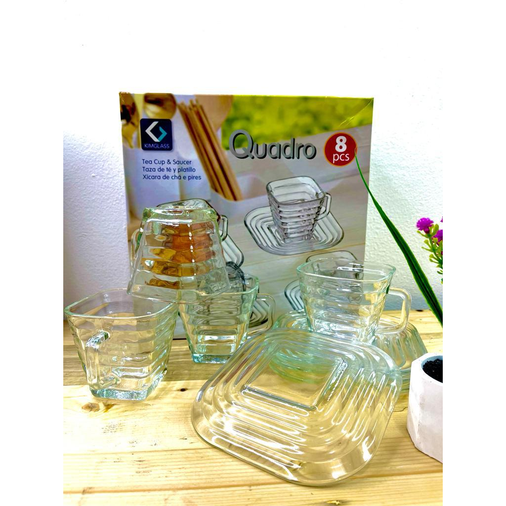 GELAS MINUM QUADRO 4 TATAKAN 4 GELAS 8 PCS / GELAS SET / GELAS MINUM / GELAS STENLIS / GELAS PLASTIK