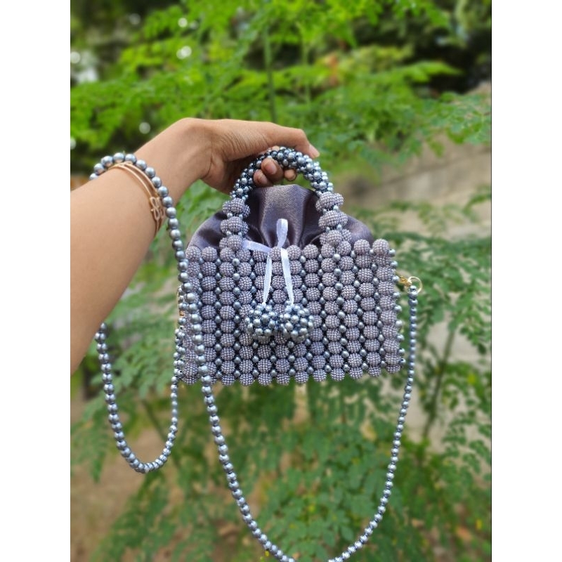 [READY • MUAT HP ] Silver Bead Bag / Pink Beaded Bag / Pearl Bag / Tas Mutiara / Tas Manik / Tas Kon