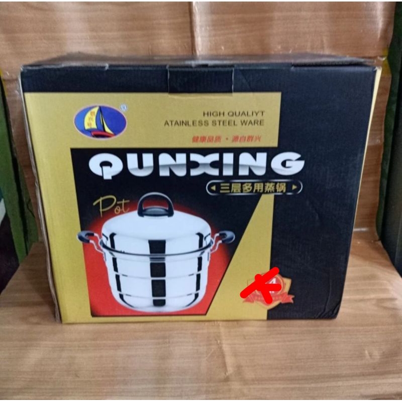 Panci kukus 3 tingkat lubang besar Stainless steel "QUNXING" diameter 40cm