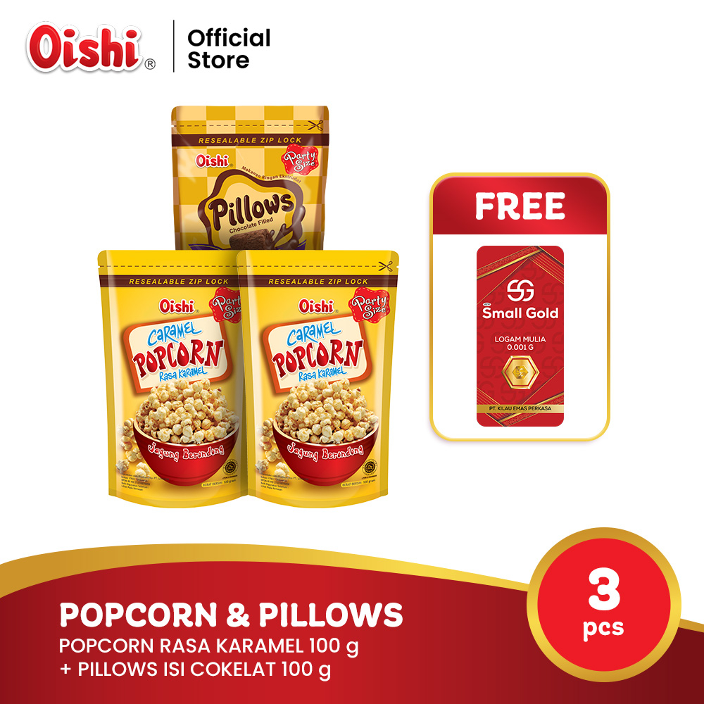 

Oishi Popcorn Karamel & Pillows Coklat (3 pcs) FREE Mini Gold