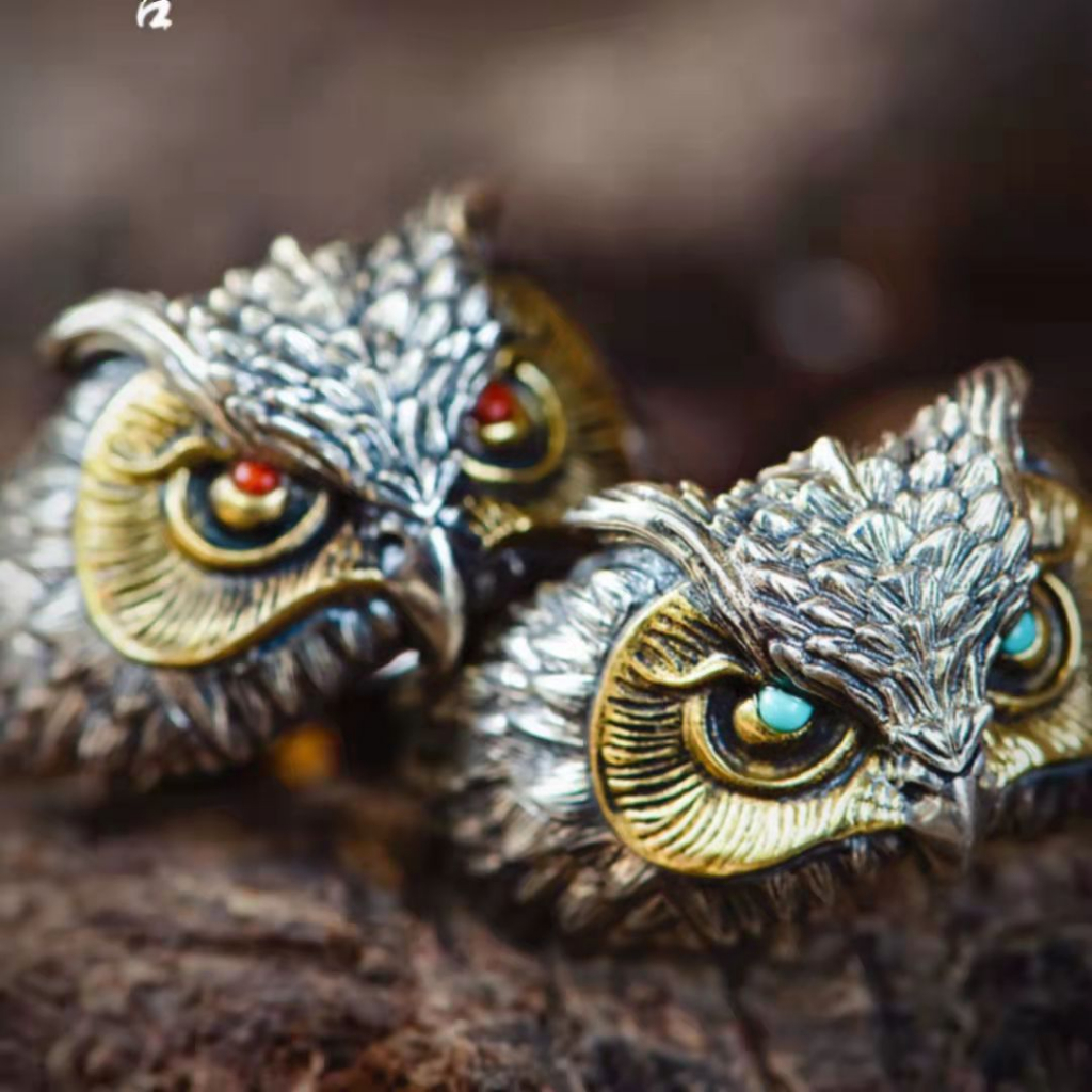 Cincin Burung Hantu Mata Merah Mata Biru Adjustable / Cincin Owl Warna Silver Emas / Red Eyes Owl Ri