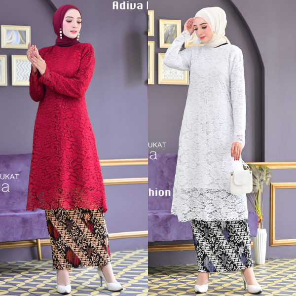 Setelan Kebaya Modern Tunik Brukat , Baju Kurung Brokat Lace Kebaya Wisuda Rok Plisket Batik Maroon 