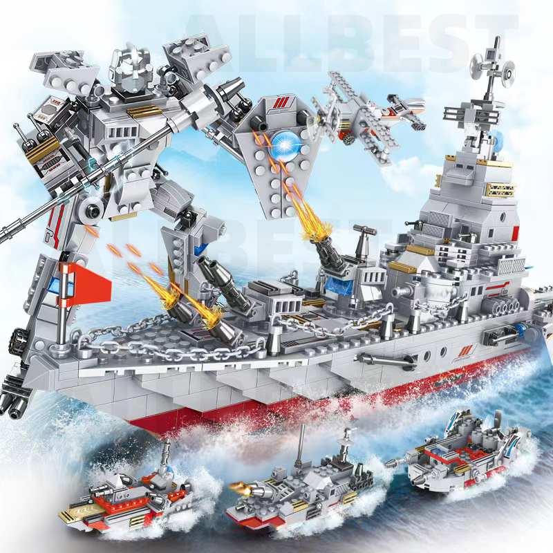Set Balok Bangunan Polisi Militer 1000 Pcs Mainan Brick Kapal Perang Robot dengan Figur Tentara Hadi