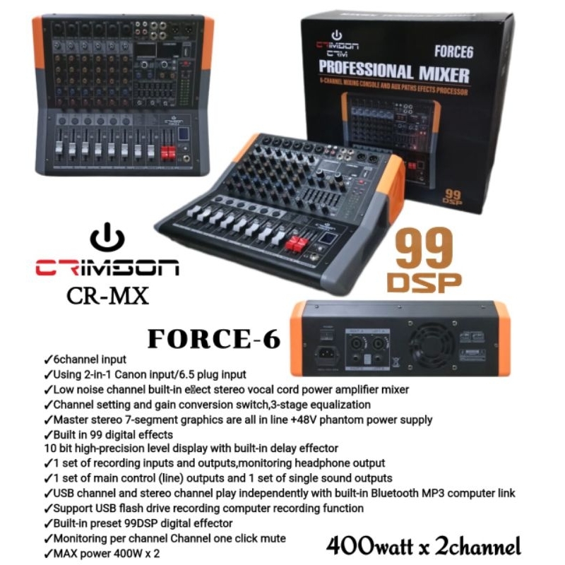 CRIMSON CR MX CRMX FORCE 6 FORCE6 PROFESSIONAL MIXER MIXING 6 CHANNEL INPUT 99 DSP LOW NOISE AMPLIFI