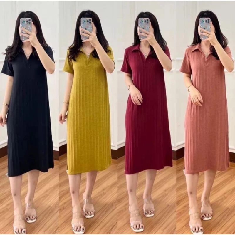 Baju Dress Wanita Model Kerah Bahan Tunik Knits Yang Lagi Viral