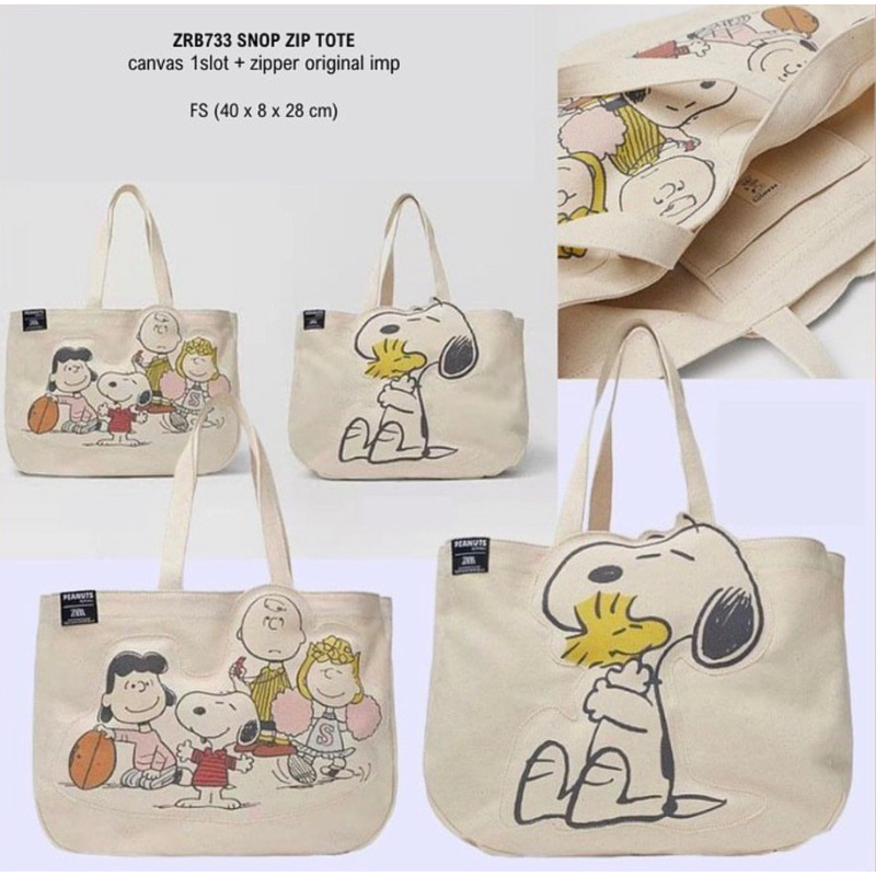 Tas Tote Wanita atau Anak (ada zip / resleting) branded ZARA gambar Snoopy (40x28cm)