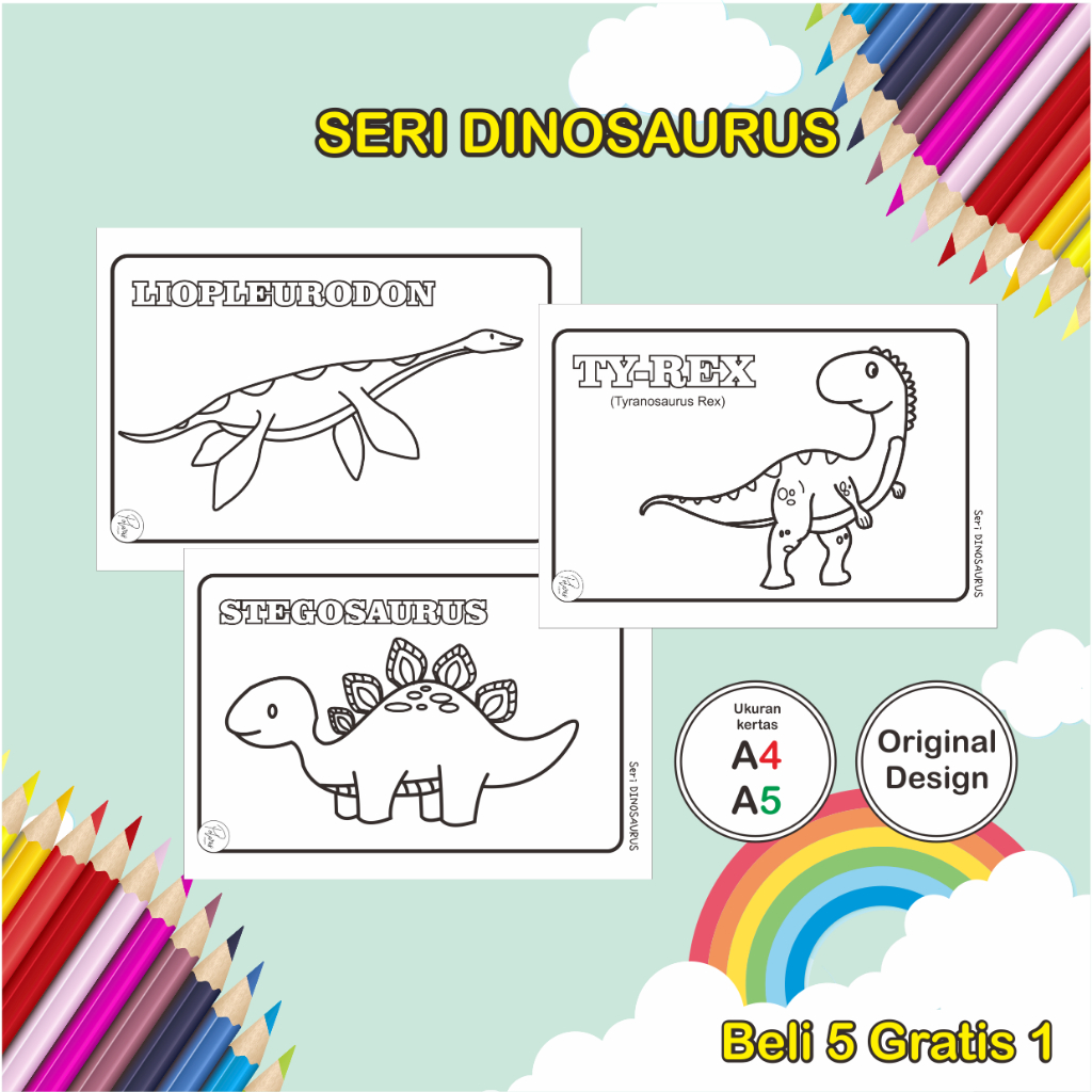 Kertas Mewarnai anak PAUD/TK seri Dinosaurus simpel - Gambar sketsa mewarnai