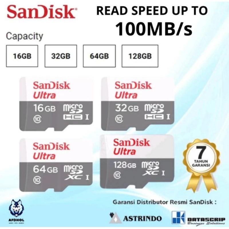 MEMORY MICROSD SANDISK ULTRA 128GB 64GB 32GB 16GB CLASS10 SPEED UPTO 100 MBPS ORIGINAL MMC MEMORY CA