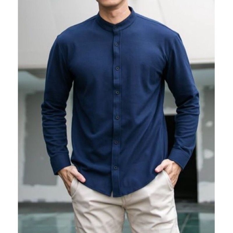 Kemeja Koko Lengan Panjang Polos Navy Lengan Panjang