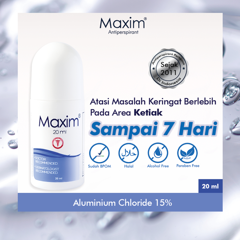 Maxim Antiperspirant Roll-On 15% Solusi Masalah Hyperhidrosis, Ampuh Mengatasi Keringat Berlebih dalam 7 hari, Direkomendasikan oleh Dokter dan Pakar Dermatologis, Non-Alkohol, Non-Paraben, Halal dan BPOM - 20ml