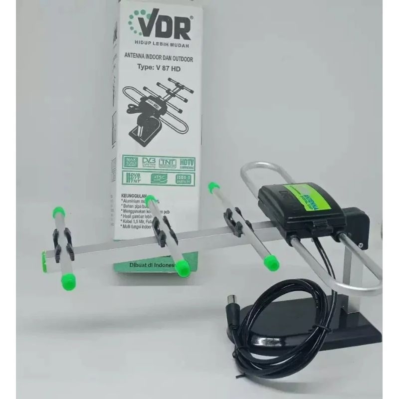 ANTENA TV INDOOR &amp; OUTDOOR VDR V-87HD + KABEL 1.5M / ANTENA DIGITAL VDR / ANTENA TV MURAHSpesifikasi :- Panjang 30 cm- Kabel 1,5 meter &amp; Full Jek L- Almuinum Murni 100%- Bahan Pipa Bulat- Menggunakan Komponen PCB- Hasil Gambar Lebih Bagus Indoor &amp; Outdoor