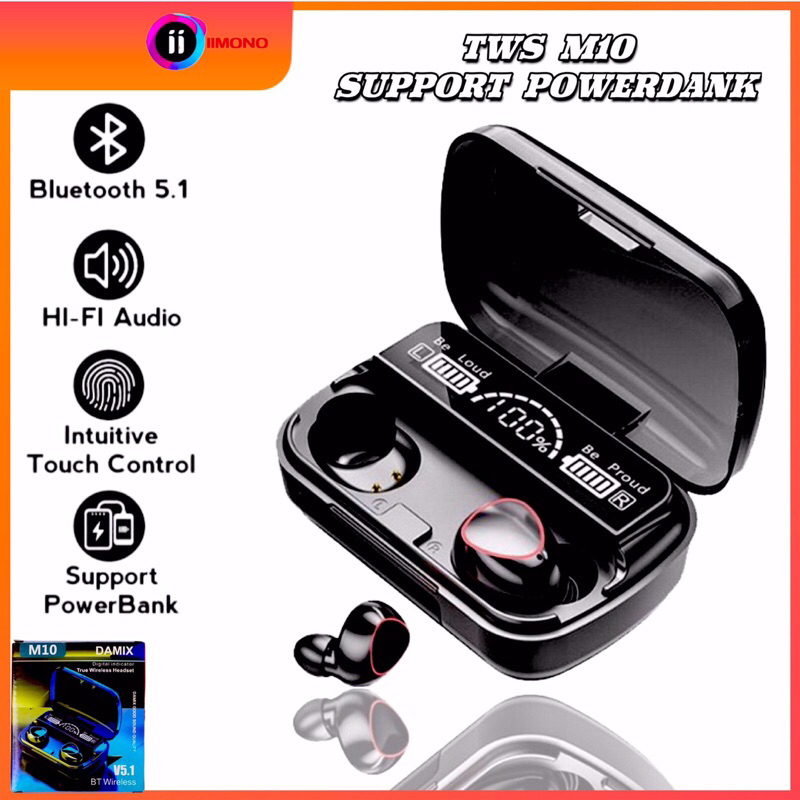 (COD)Headset Bluetooth TWS EARPHONE M10 Digital Indicator V5.1 BLUETOOTH Wireless mega bass Headphones gaming super/EARPHONE Gaming 2in1 Powerbank 3000 mAh