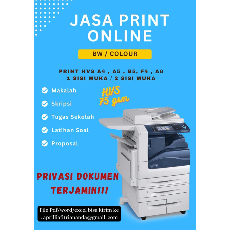 

PRINT A4 / CETAK KERTAS HVS 80 GSM A4 BW DAN COLOUR PROSES CEPAT