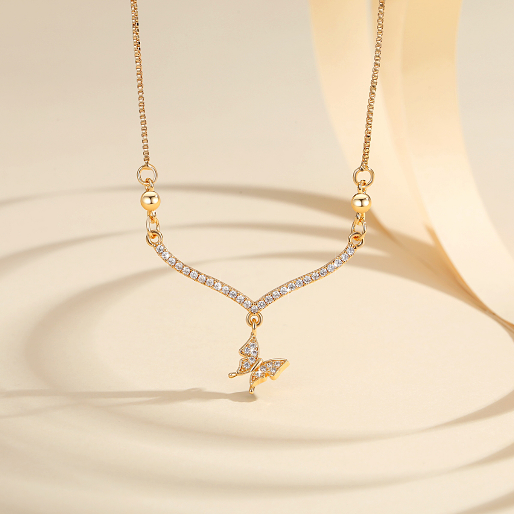 Lanmi Jewelry Kalung Fuji Titanium Anti Karat Dan Luntur Kupu-Kupu Liontin Emas Silver Asli Panjang 