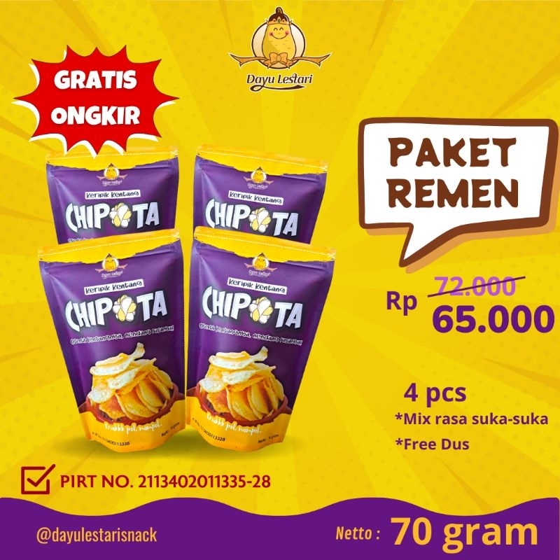 

CHIPOTA PAKET REMEN 4pc Keripik Kentang Potato chips || Snack Cemilan sehat nikmat