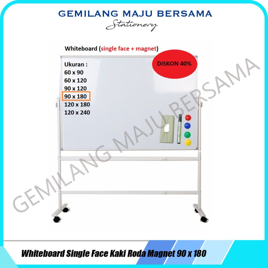 

Whiteboard / Papan Tulis + Kaki Roda 90 x 180 cm ( Singleface / Magnet)