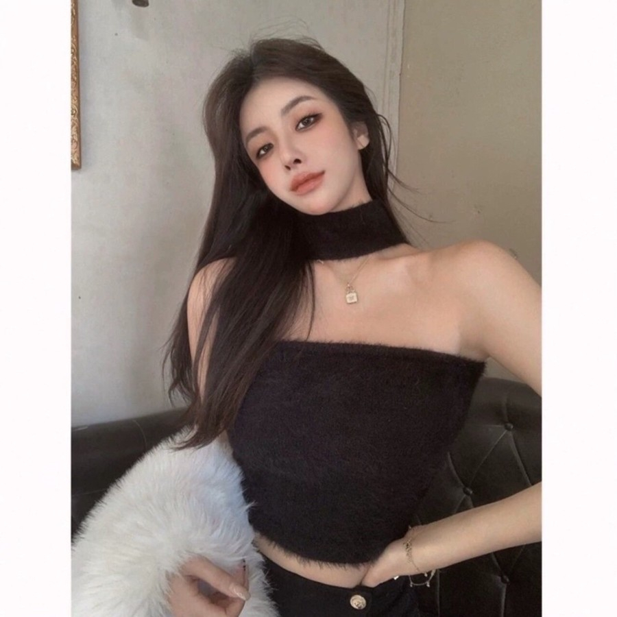 RBK 2in1 Import Knit Halterneck Kemben Tank Top Bulu Baju Crop Top Feather