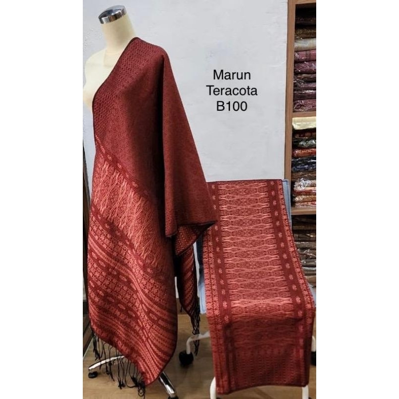 Songket Tumtuman Selendang + Sarung Wanita Marun Tembaga b100