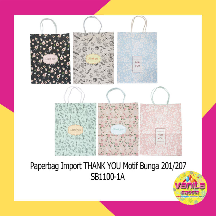 

(1 Pcs) Paperbag Motif Thank You Motif Bunga Uk M, paper bag kado ultah, tas souvenir, paperbag ultah