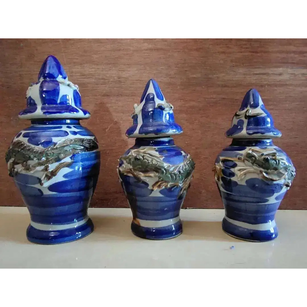 3 Keramik vas naga biru putih kuno antik