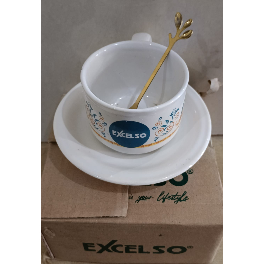 Set Cangkir/ Mug kopi excelso free Sendoknya gold dan box packing