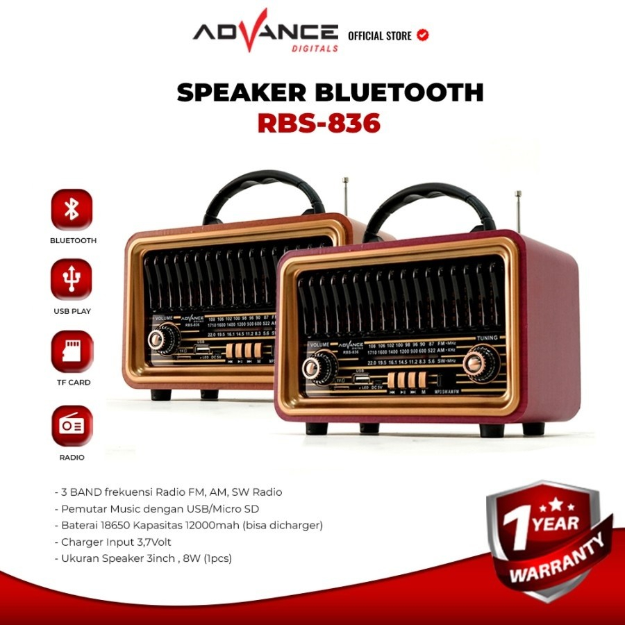 Advance RBS-836 Speaker Model Radio Tua Bluetooth Clasic - RED WOODEN