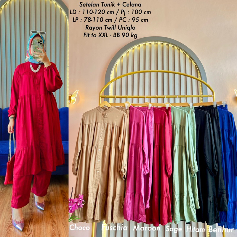 Shaysha.id Setelan Long Tunik dan Celana Rayon Twill Uniqlo Busui