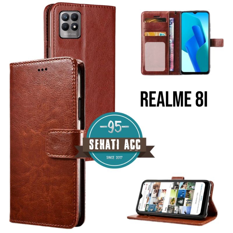 REALME 8i casing dompet flip cover leather case kulit premium