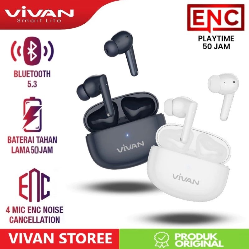 (Bergaransi) Headset VIVAN ORIGINAL T200 / T220 PLUS / CHAT 100 Earphone Wireless TWS Handsfree Blue