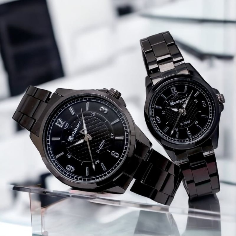 Jam Tangan Rantai Pria Wanita / Couple, Rantai Hitam Full Black, Rabbani 02.