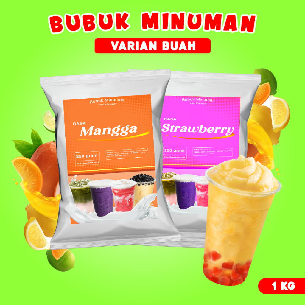 

BUBUK MINUMAN RASA 1KG / BUBUK MINUMAN ANEKA BUAH / SERBUK MINUMAN 1KG / BUBUK MINUMAN BOBA / BUBUK MINUMAN KEKINIAN 1KG / SERBUK MINUMAN KEKINIAN