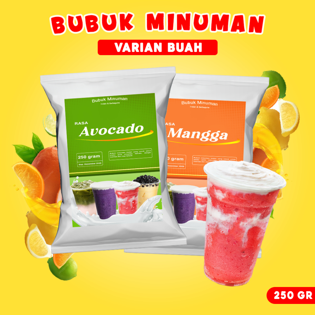 

BUBUK MINUMAN RASA 250G / BUBUK MINUMAN ANEKA BUAH / SERBUK MINUMAN 250g/ BUBUK MINUMAN BOBA / BUBUK MINUMAN KEKINIAN 250g / SERBUK MINUMAN KEKINIAN