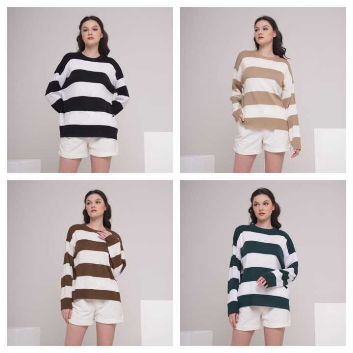 SWEATER RAJUT TEBAL OVERSIZE/ RAJUT EIRA / BAJU RAJUT WANITA KEKINIAN LENGAN PANJANG MOTIF GARIS / S