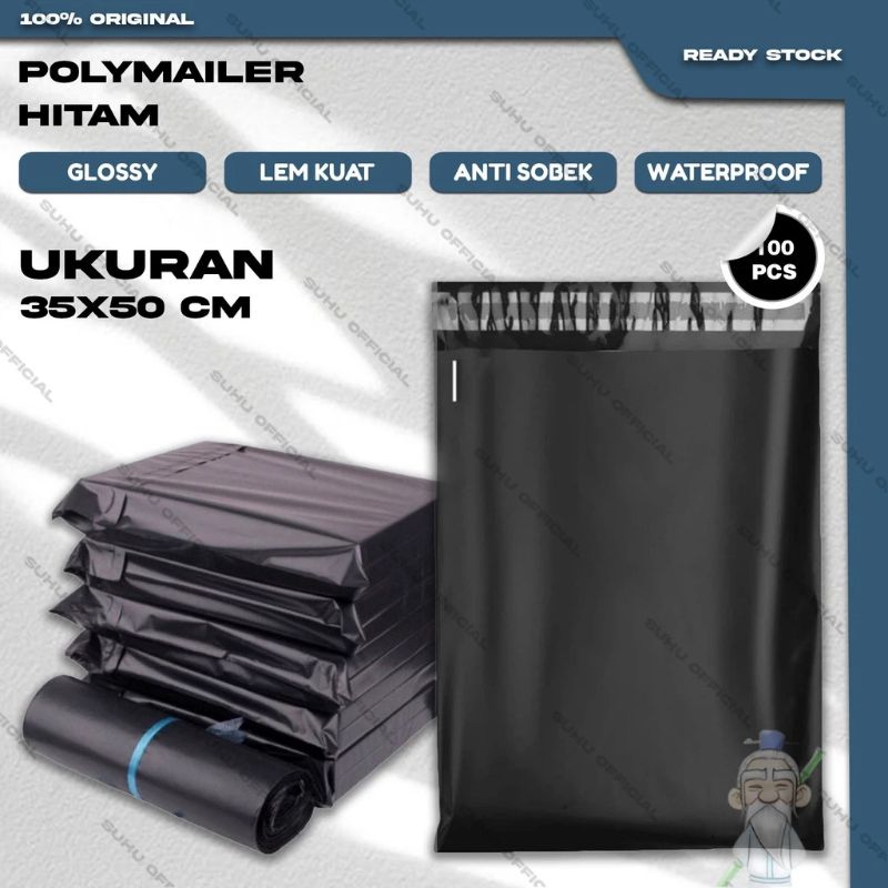 

Polymailer Hitam 35x50 CM Super Glossy Isi 100Lbr Plastik Packing Online Shop Ada Lem Perekat