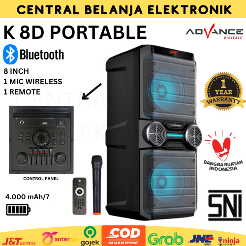 SPEAKER AKTIF PORTABLE BLUETHOOTH 8 INCH BONUS 2 MIC WIRELESS K8D | ADVANCE