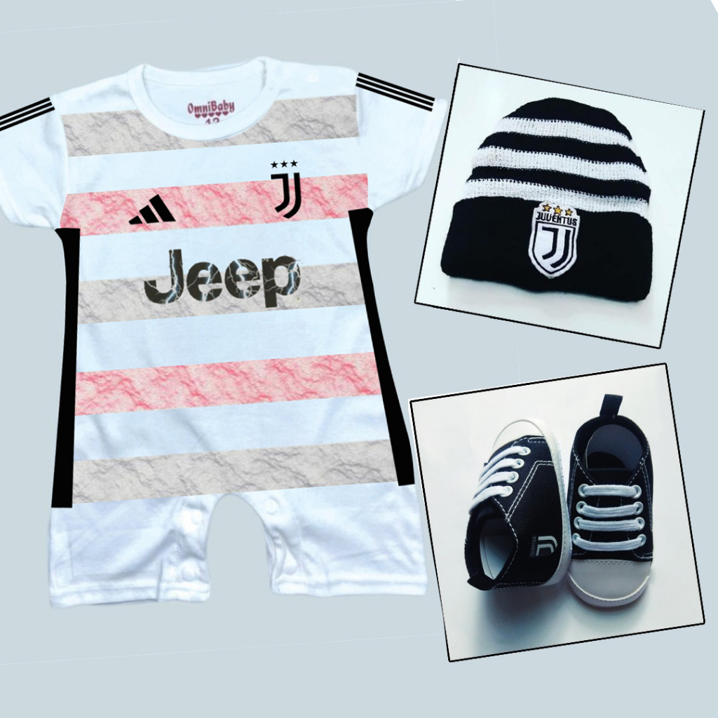 Baby Jumper Romper Jumpsuit Baju Bola Bayi Juventus Away  2023 2024 + Topi + Sepatu