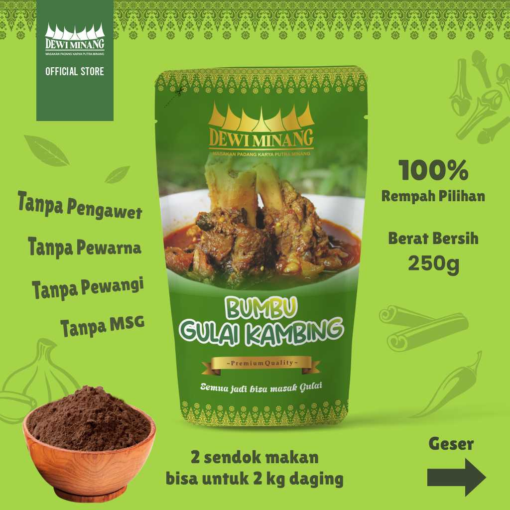 

Bumbu Gulai Kambing Dewi Minang Bumbu Masakan Kambing Bumbu Serbaguna Bumbu Non MSG Bumbu 100% Halal Bumbu Khas Padang Bumbu 250 gr