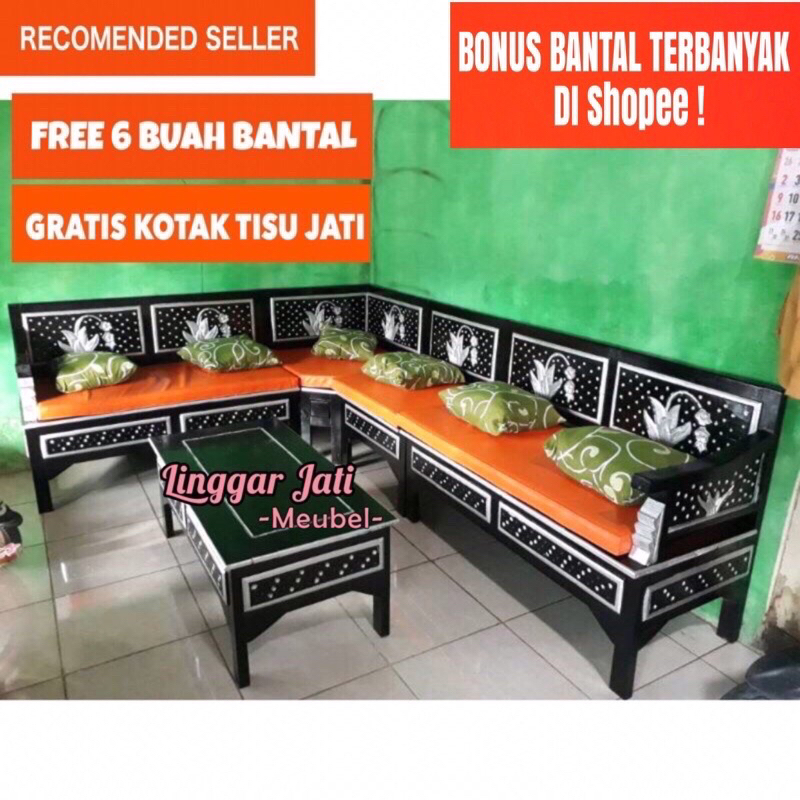 Kursi Sudut Minimalis Kursi Ruang Tamu Kayu Termurah Jepara Teratai Hitam Silver