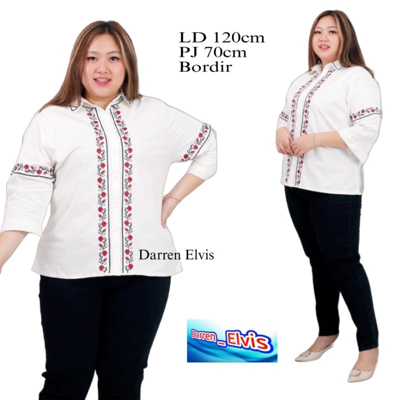 Blouse Big Size Wanita Putih Bordir Bunga Best Seller