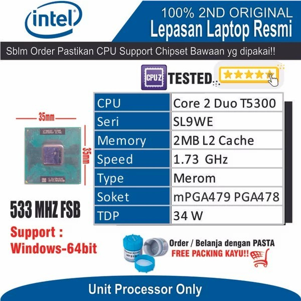 ET31 CPU-CDT-9 Processor Intel Core 2 Duo T5300 2MB 1.73 GHz CPU SL9WE