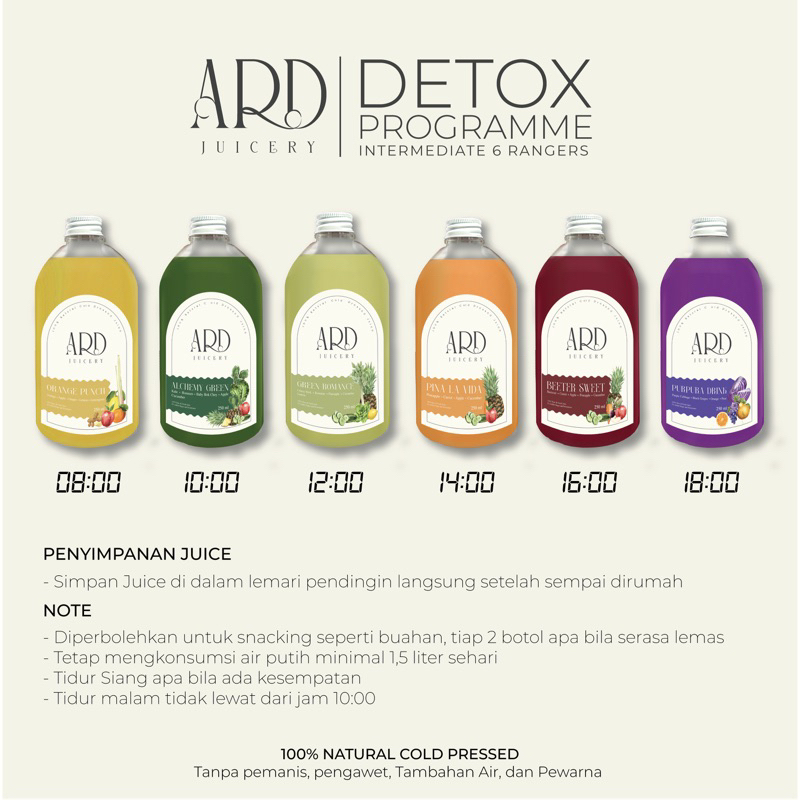 

Paket Detox Intermediate #EnamRanger 6 Botol @250ml ARD Juicery Cold Pressed Juice 100% Fresh and