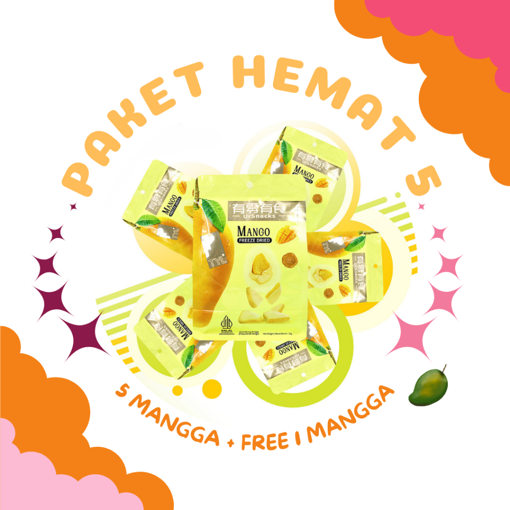 

URSNACKS PAKET HEMAT 5 GRATIS 1 PACK FREEZE DRIED MANGO - 5 MANGO Freeze Dried 22gr BUAH VAKUM CEMILAN DIET