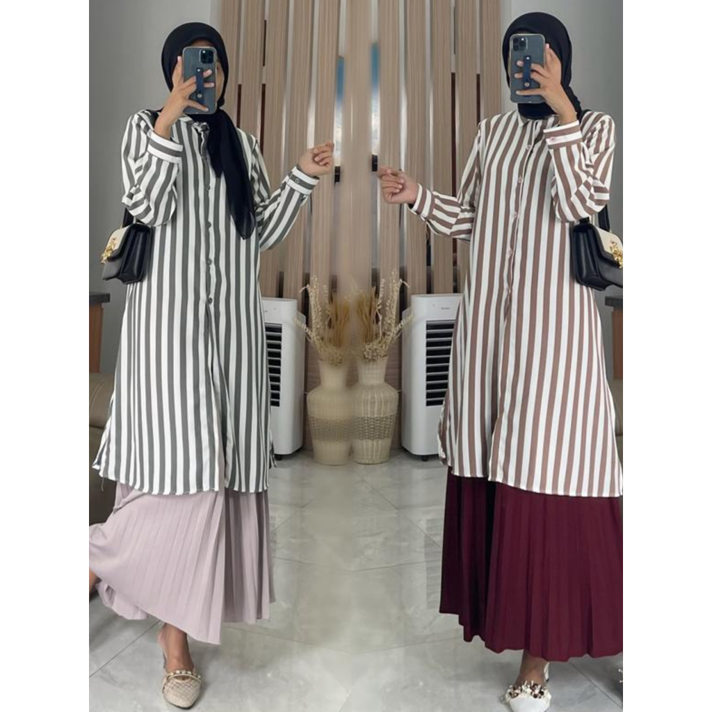 Tunik Kemeja Wanita Motif Salur Stripe Garis Katun Rayon Variasi Tangan Manset Kancing