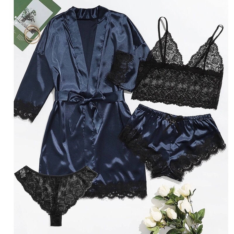 Lingerie Piyama Stelanan Kimono Full Set Satin Silk Renda Baju Tidur Sexy Eropa Style SET KIMONO