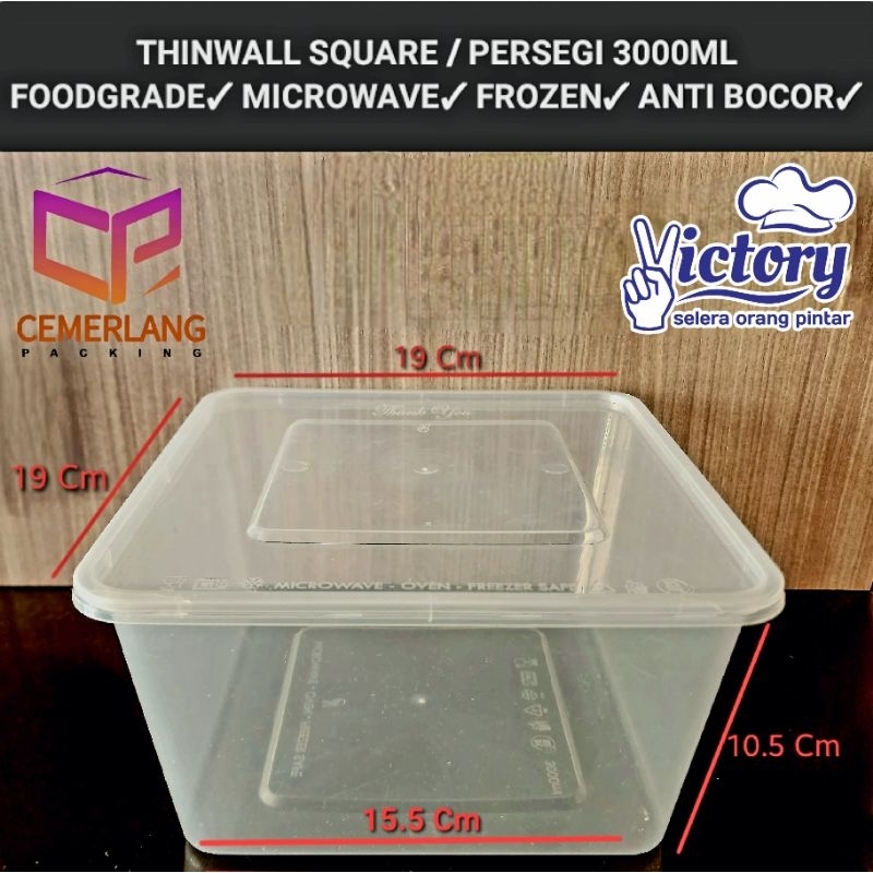 Thinwall Square Persegi 3000ml Kotak Makan Plastik Lunch Box 3000 ml - Nasi Dessert Bolu Agar Puding