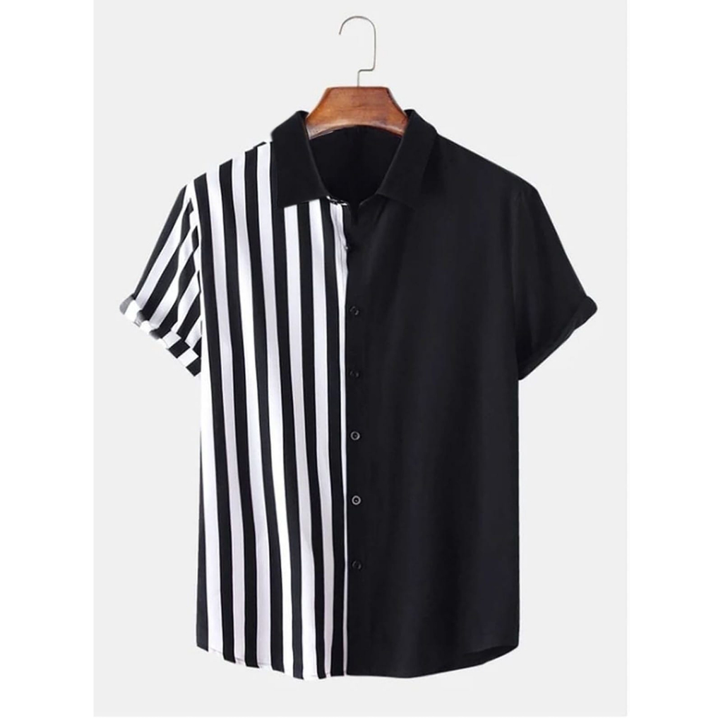 Kemeja  Hem Atasan Pria Varian Kombinasi Warna Salur Lengan Pendek Pria