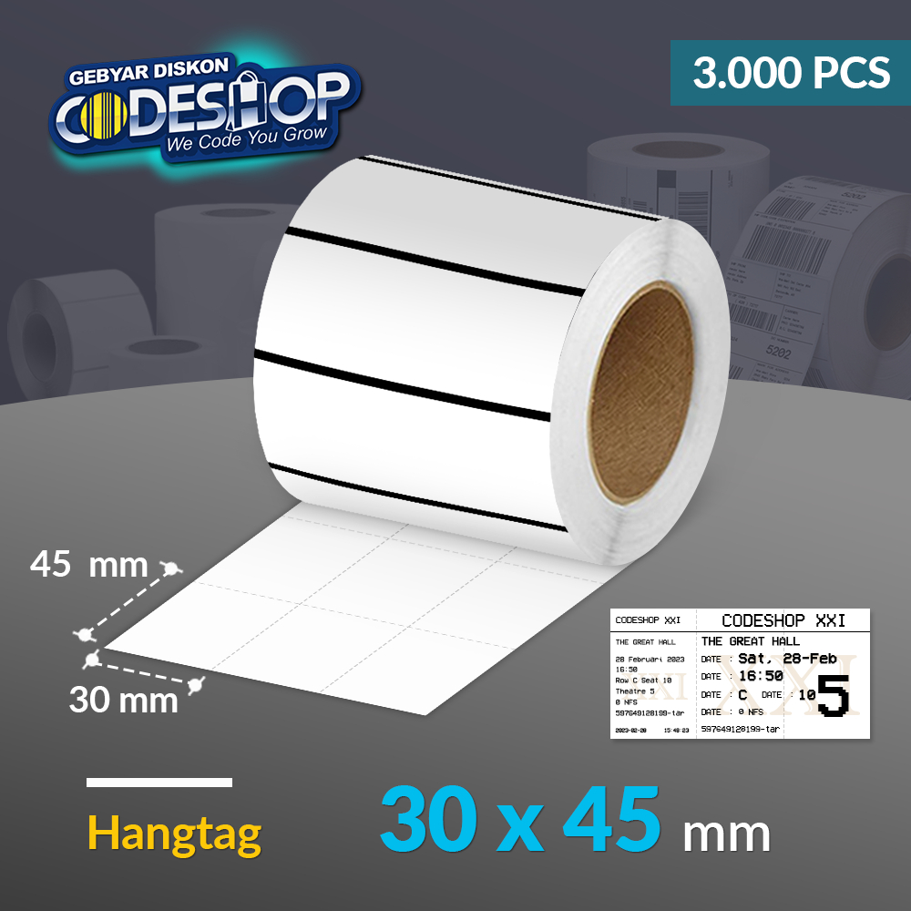 

Codeshop Hangtag Baju Harga 30 x 45 mm 3 Line Blackmark Core 3 Inch Isi 3000 Pcs Printer Barcode