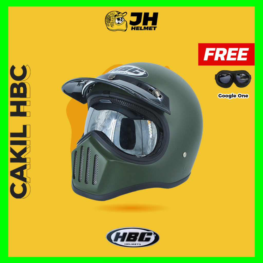 Helm Cakil HBC Polos Green Army Doff + Inner Visor | Helm Retro | Full Face | Jual Helm