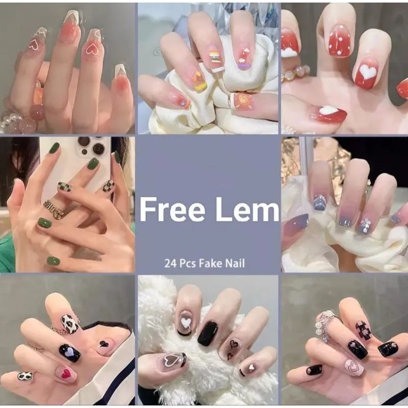 Kuku Palsu Nail Art 3d + Lem Hiasan Kuku Wanita Korea Cute Cocok Segala Acara Anti Air Kuat Mudah Di